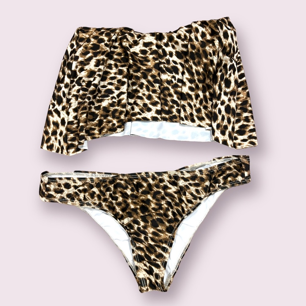 Leopard Flared Bandeau Bikini with Ruched Bottoms by Gianni Bini from Dillards